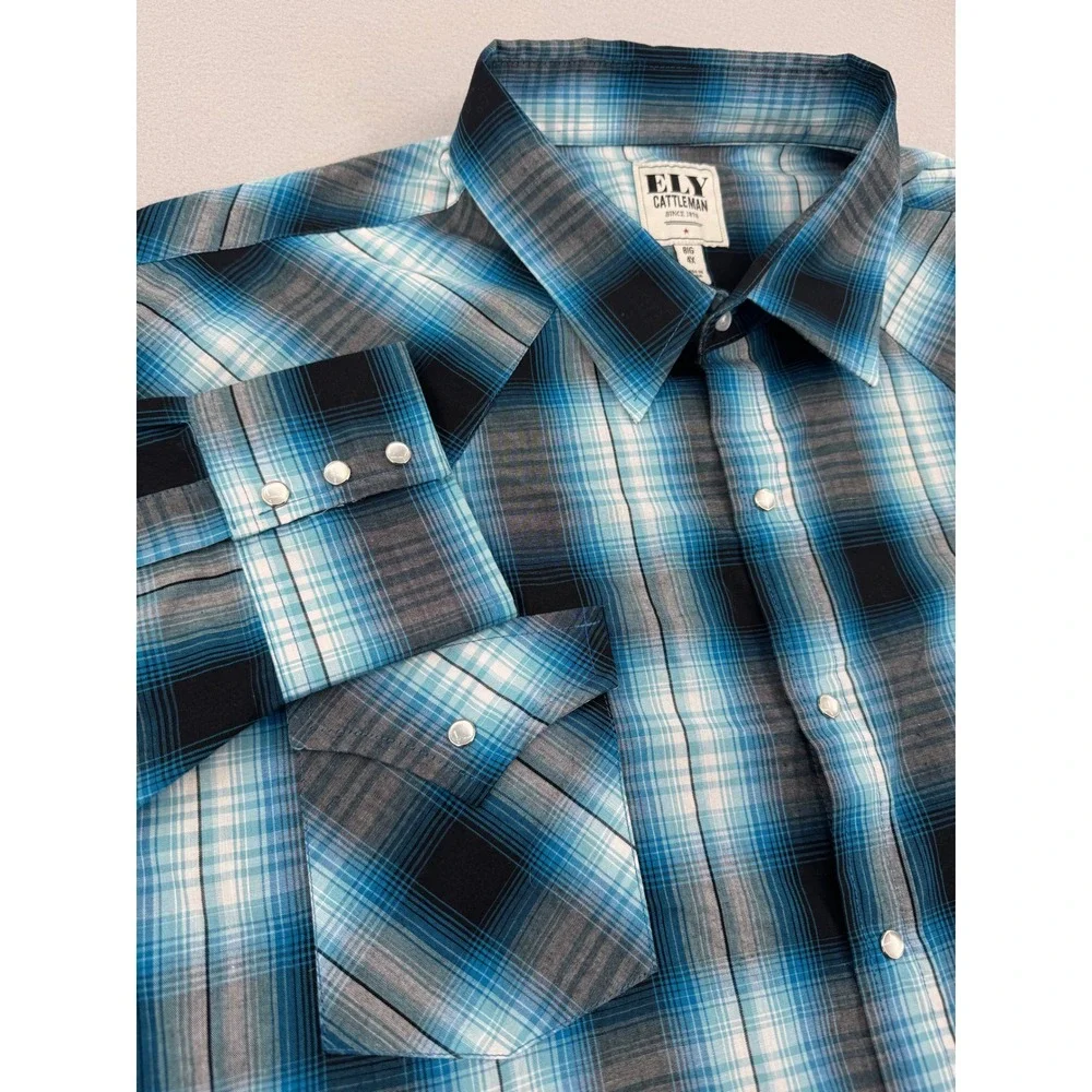Ely Cattleman Pearl Snap Mens 4XB Blue Plaid Western Long Sleeve Shirt Cowboy